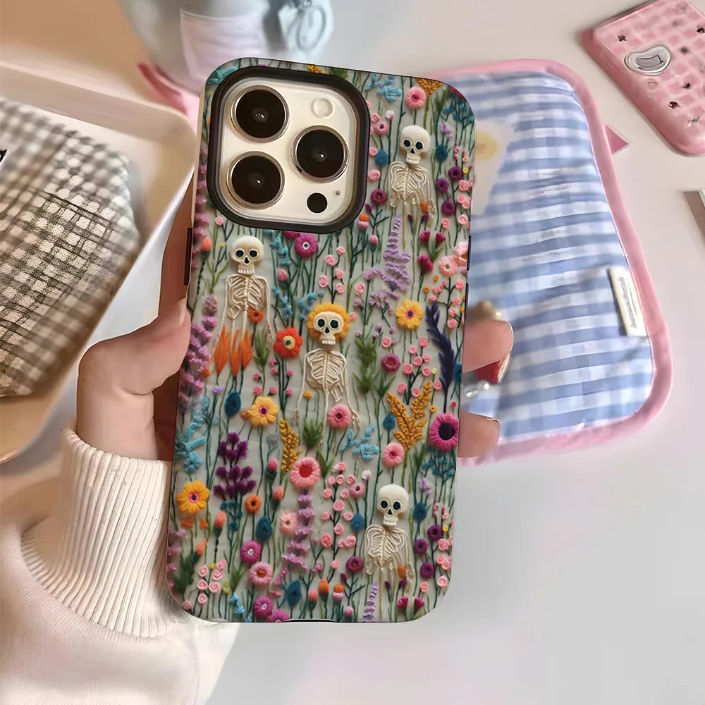 Fashion Embroidery Effect Skull Skeleton Phone Case For iPhone 16 15 Pro Max 16 Plus 2 in 1 Hard Protection Cover Funda