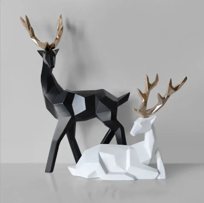 A Couple of 2Pcs Deer Statue Modern Geometric Sculpture Desktop Ornament Figurine Wine Cabinet Cafe TV Showcase Decor
