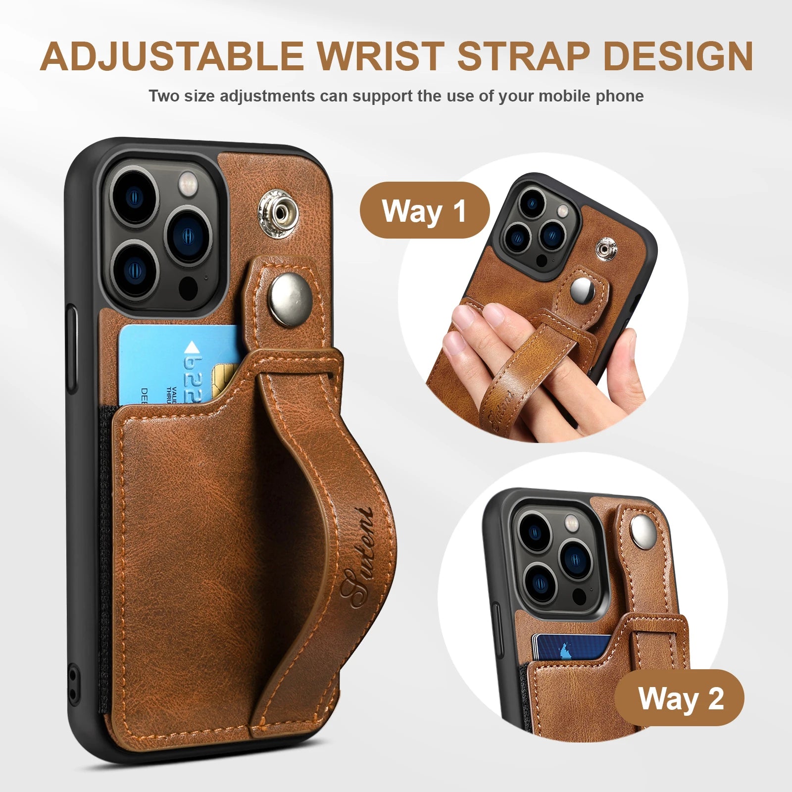 Luxury Leather Phone Case for iPhone 15 Pro Max 14 Plus 15Pro with Card Slot & Wrist Strap Holder Back Cover