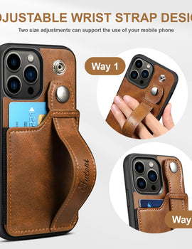Luxury Leather Phone Case for iPhone 15 Pro Max 14 Plus 15Pro with Card Slot & Wrist Strap Holder Back Cover