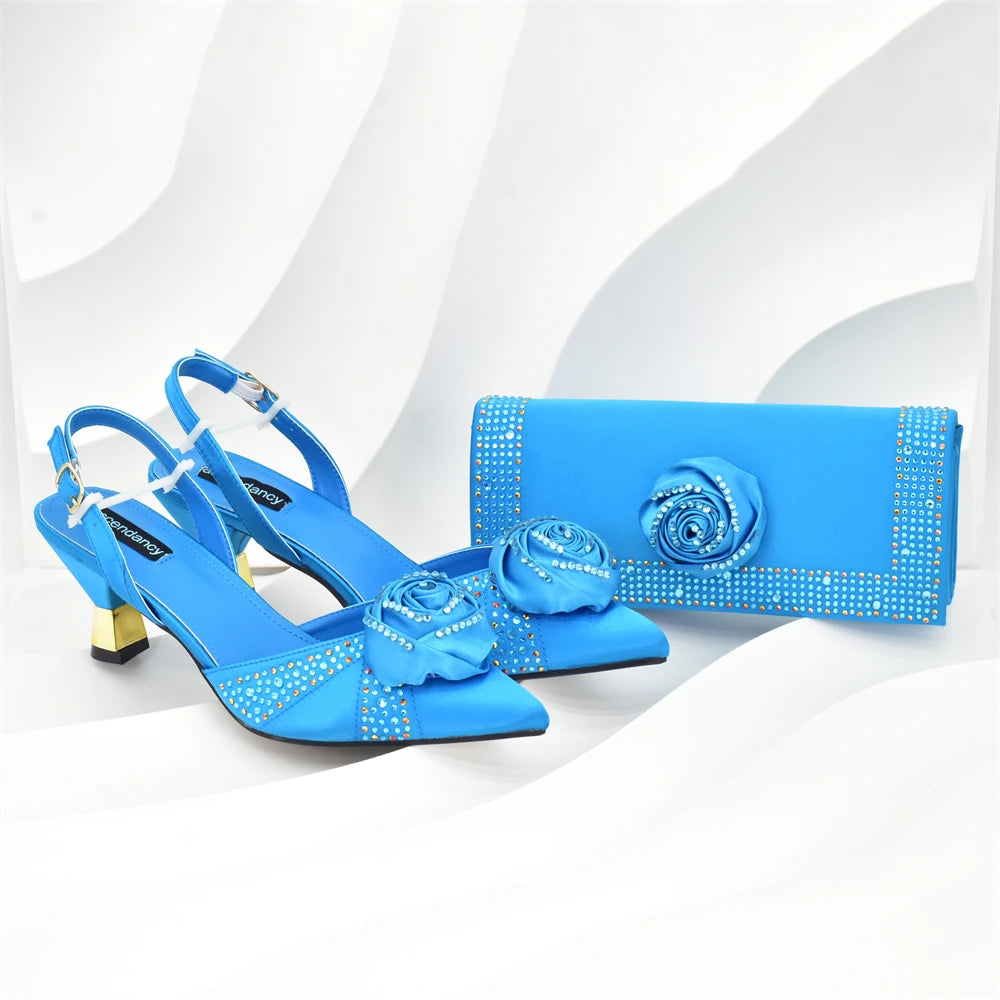 Italian Wedding Matching Shoes and Bags Decorated with Handmade Flowers Diamonds Pointed Toe Women Pumps with Purse
