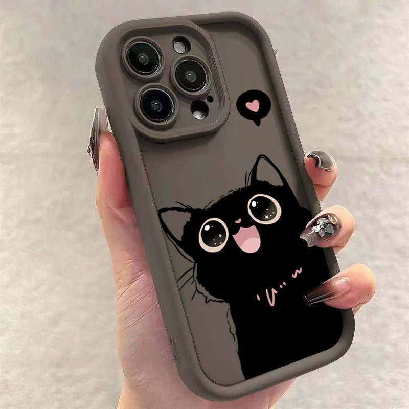 Lovely Black Cat Silicone Case For iPhone 17 16 15 14 Pro Max 16E 16 Plus 17Air Shockproof Back Covers