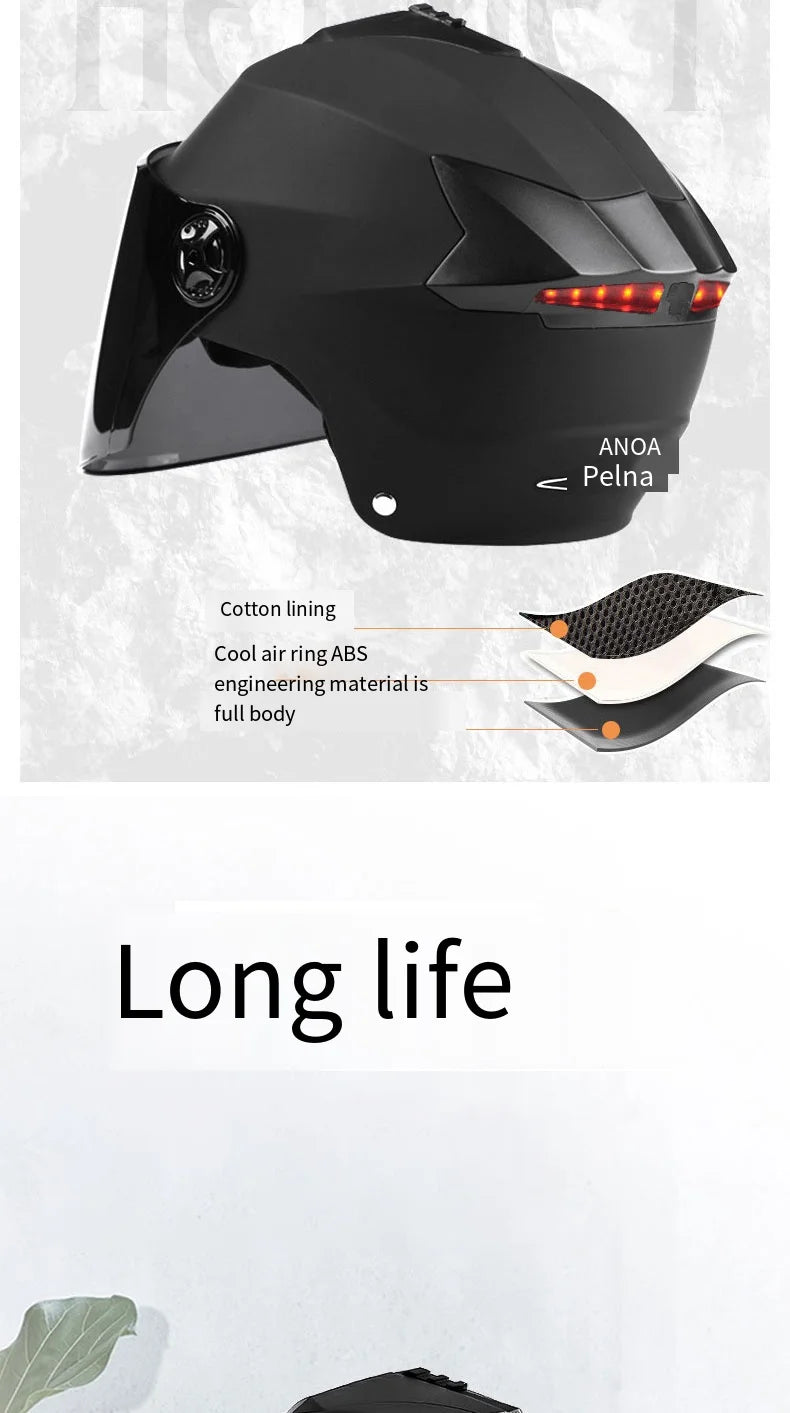 LED Motorcycle Half Helmet with Dual Visor Rechargeable Light