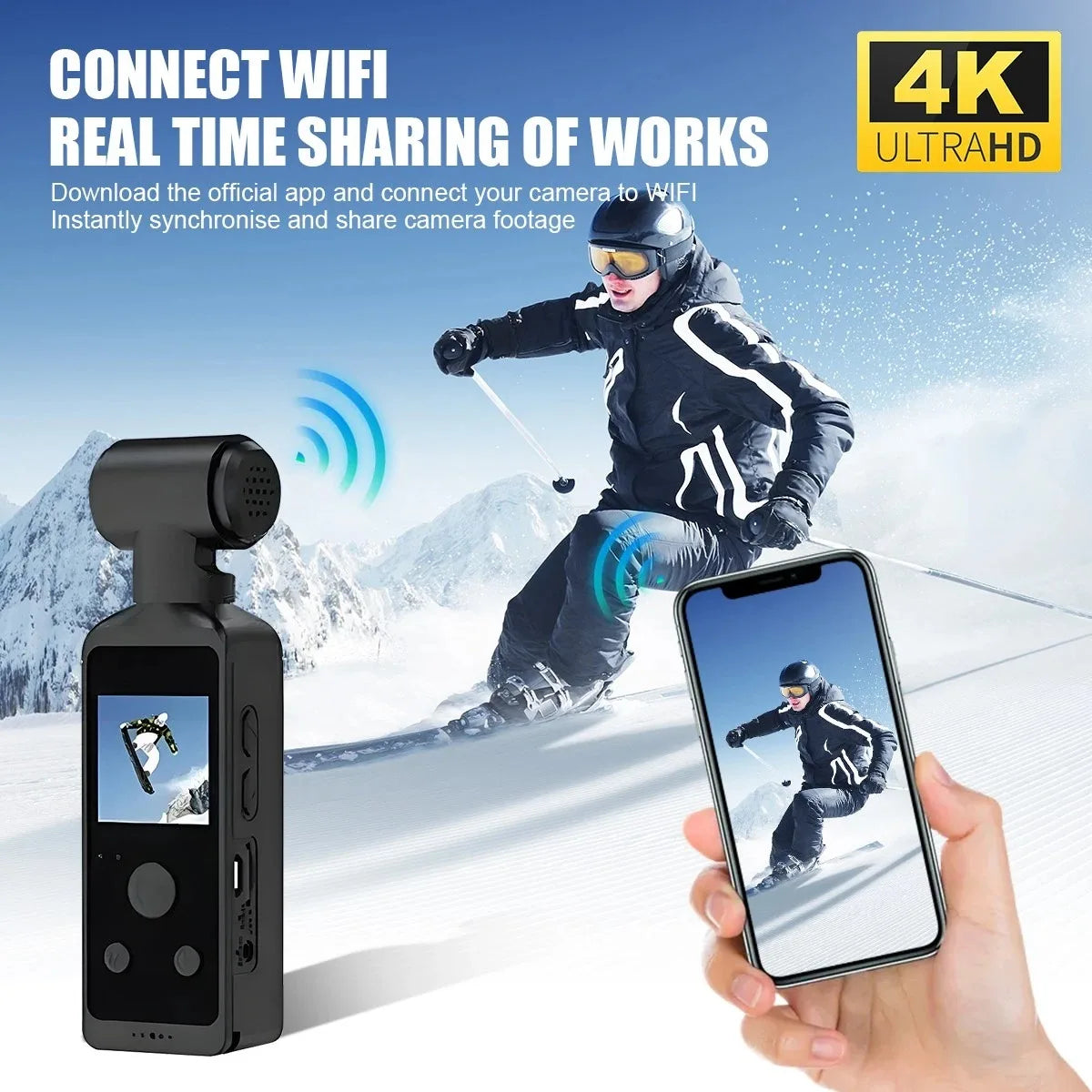 4K HD Pocket Action Camera 270° Rotatable Anti Shaking Wifi Sports Camera 30m Waterproof Small Video Camcorder for Photography