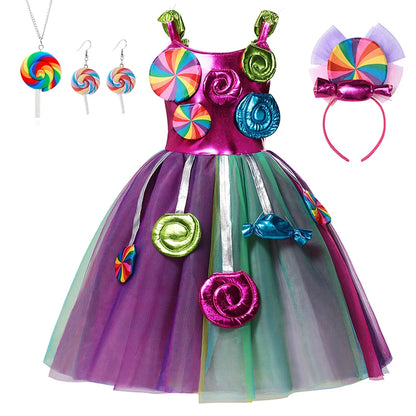 Purim Festival Lollipop Costume Girls Fairy Dress Fancy Carnival Birthday Fantasy Children Candy Rainbow Vestido Dress for Girls