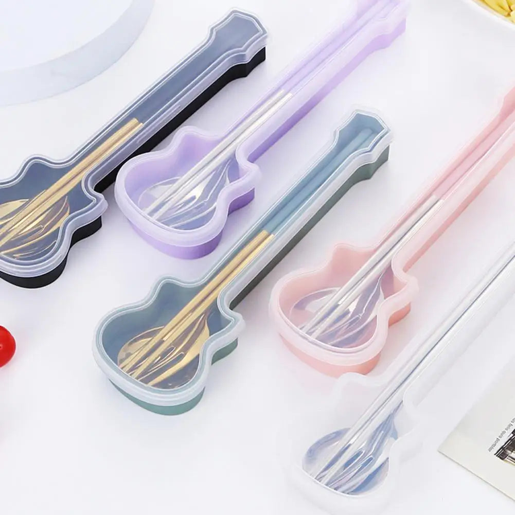 2/3Pcs Cutlery Set Fork Spoon Chopsticks Dinnerware Set 304 Stainless Steel Portable Travel Flatware Guitar Box