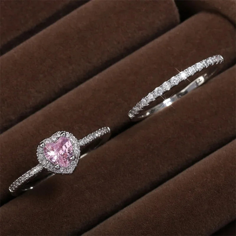 Romantic Pink Heart CZ Engagement Rings for Women Fashion AAA Cubic Zirconia Wedding Bands