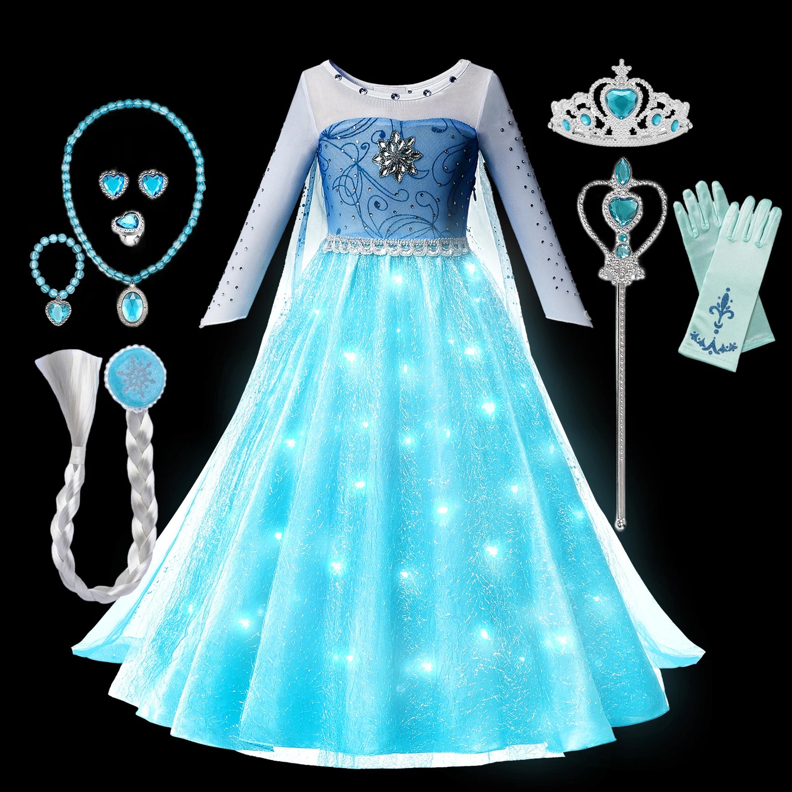 Frozen Elsa Snow Queen Princess Girls LED Light Up Dress Halloween Carnival Clothing Party  Cosplay Costume