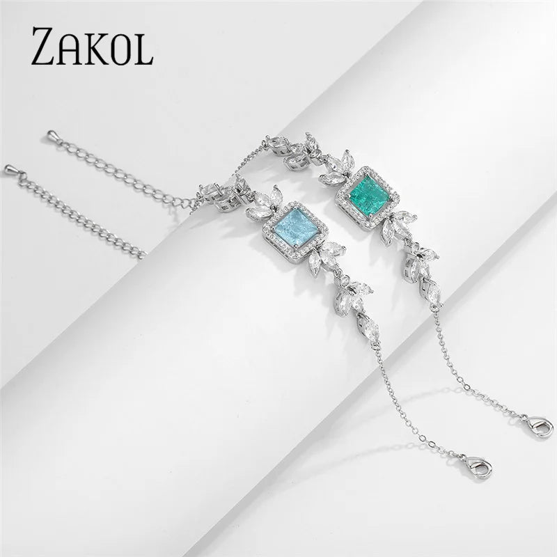 Green Popping Cubic Zirconia Leaf Bracelets for Women Shiny Blue Square Crystal Bangle