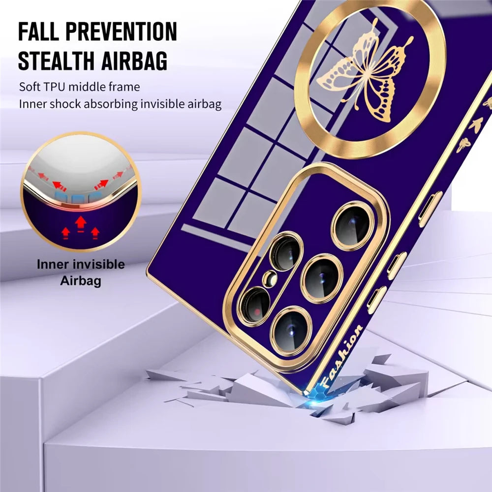 Luxury Electroplate  Butterfly Case For Samsung S23 Ultra S22 S21 Plus For Magsafe Wireless Charging Soft Silicone Cover