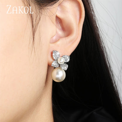 Shiny Imitation Pearl Flower Dangle Earrings for Women Fashion Cubic Zirconia Gold Color Bridal