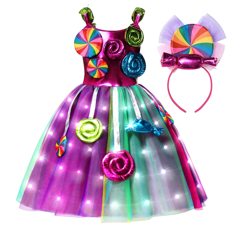 LED Light Up Princess Candy Dress For Girl Lollipop Party Clothing Kids Cosplay Costume New Years Dress 2-10Y