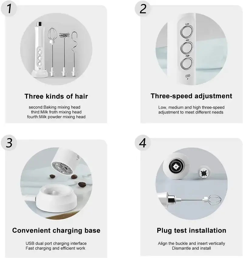 Wireless Rechargeable Electric Milk Frother - 3 Speeds, Handheld Foam Maker for Latte, Cappuccino, Hot Chocolate - USB Rechargea