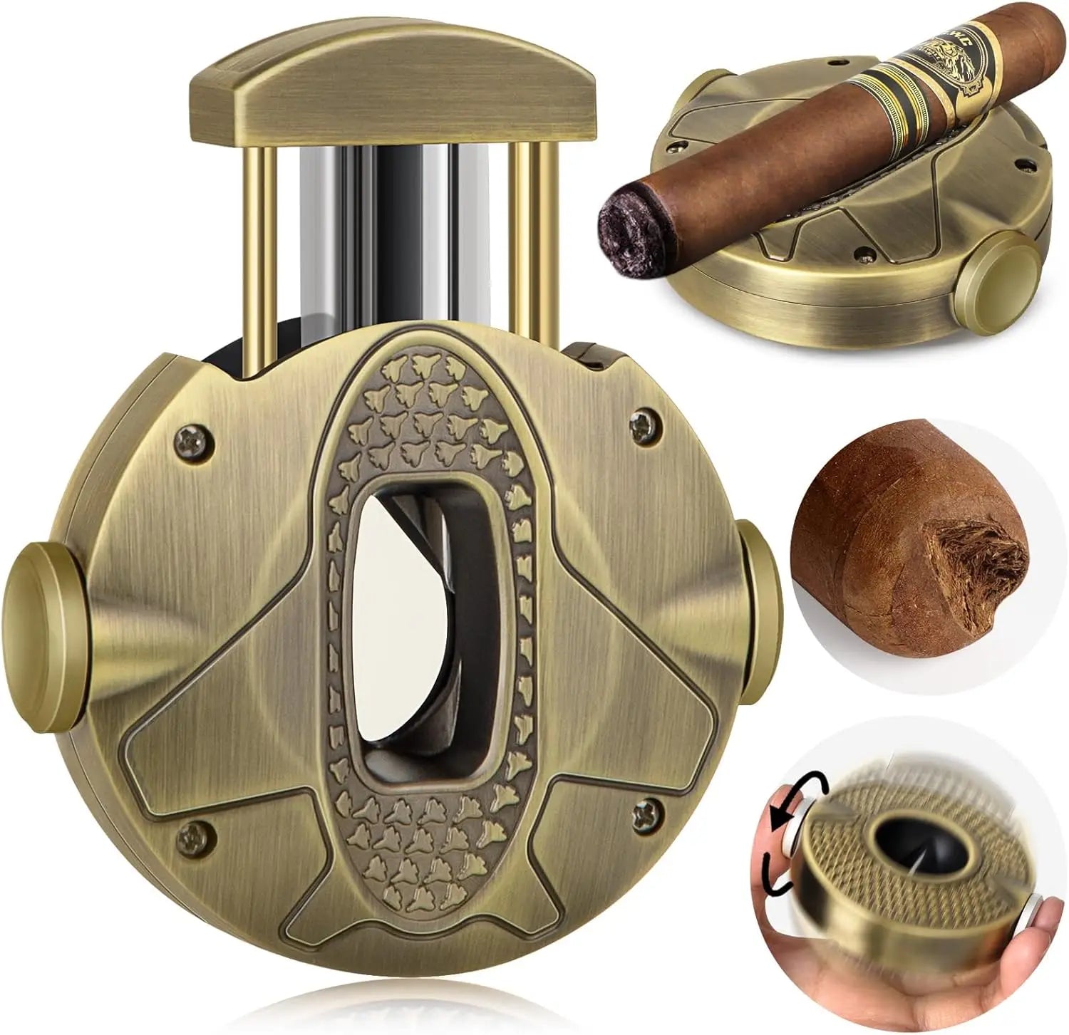 3-1 Cigar V Cutter with Stainless Steel Blade, Cigar Holder and Decompression Rotator, Round Cigar Cutter Ergonomically Designed
