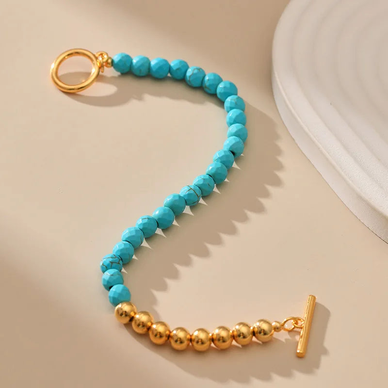 Blue Turquoise Bracelets Handmade Natural Stone with Gold Plated Beaded Bracelet