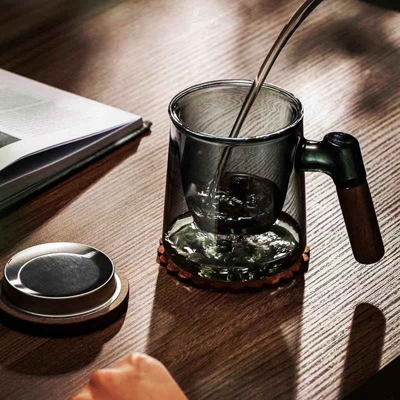 400ml Walnut Wooden Handle Lid Filter Glass Tea Cup Tea Water Separation Scented Tea Cup Office Flower Tea Separation Tea Mug
