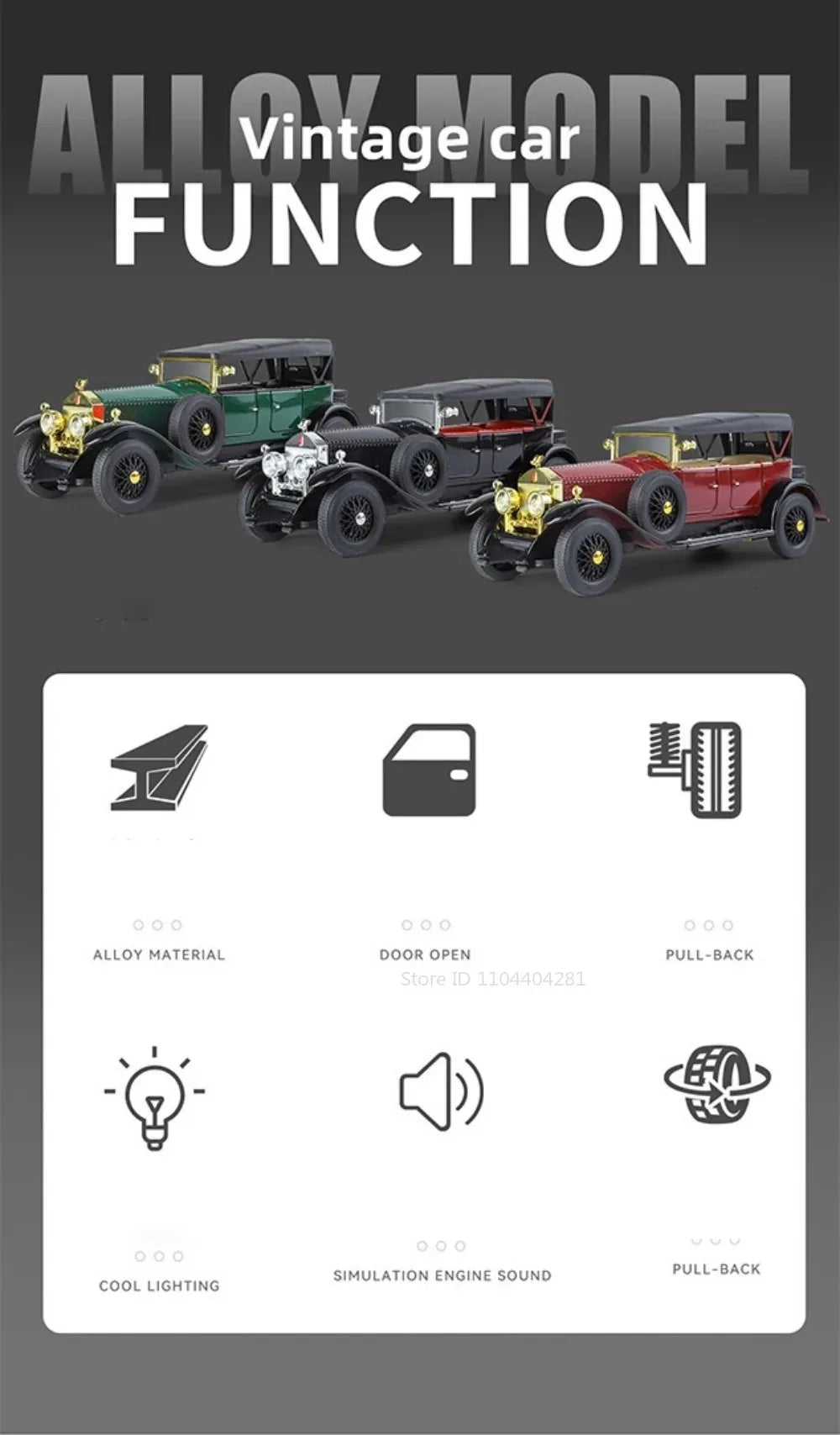 1:24 Phantom 300SL Alloy Diecast Vintage Car Miniature Model Toys Sound Light Pull Back Doors Opened Ornament s Festival Gift