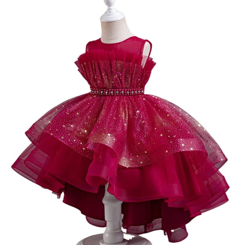 Elegant Girls' Performance Gown - Sleeveless Tulle Dress with Train for Piano Recital & Walk Show