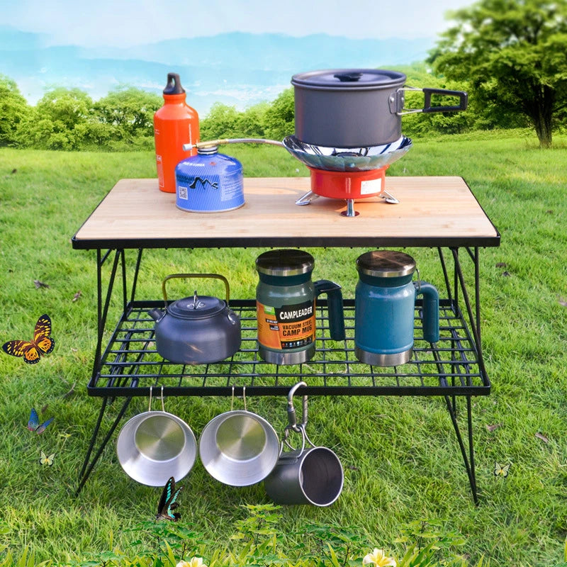 Outdoor Camping Folding Net Table Bamboo Board Desk Self Driving Barbecue Tea Iron Table Portable Drain Rack Sturdy