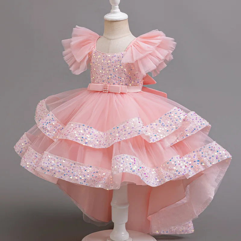 Sparkling Girls' Evening Gown - Sequin Dress with Train for Birthday Party & Piano Recital