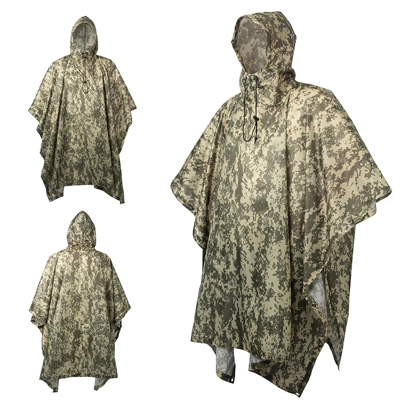 Waterproof Military Style Rain Poncho with Hood for Hiking and Camping