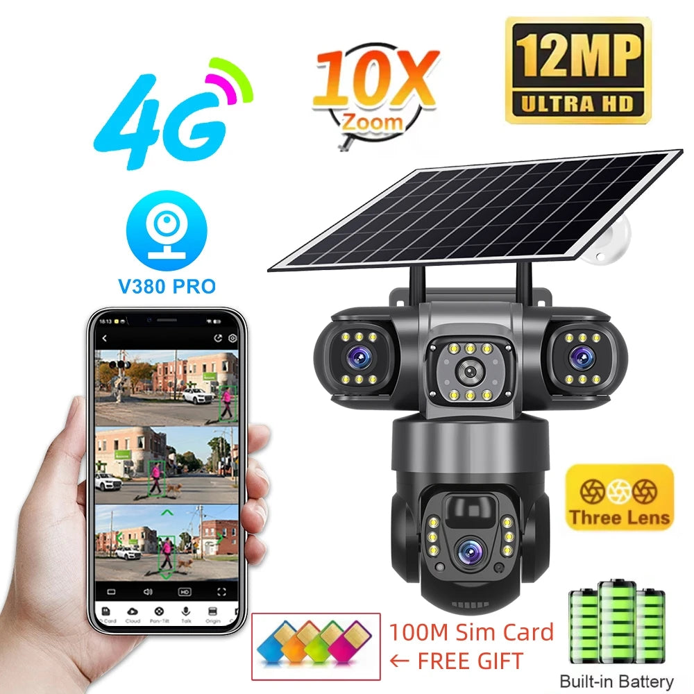 Solar Camera With 4G Sim Outdoor 3 Lens 3 Screen 10X Zoom PIR Human Detect Cam Waterproof Night Vision CCTV Security Protection