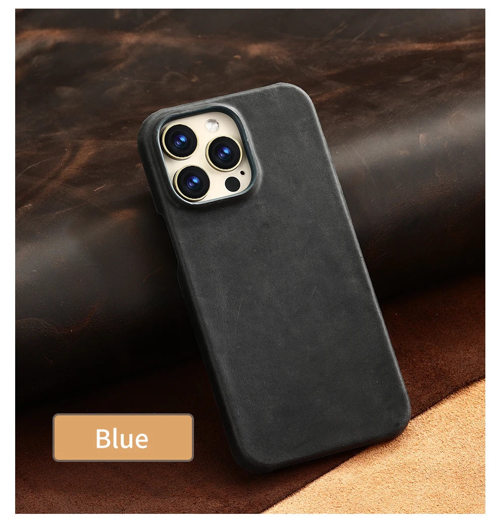 Retro Cowhide Phone Case for iPhone 16 15 14 Pro Max 16Pro 14Pro 15Pro Luxury Crazy Horse Genuine PULL-UP Leather Back Cover