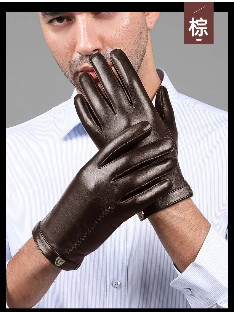 Man Genuine Leather Button Black Thick/Thin Gloves Male Commercial Business meeting MC Host Driving