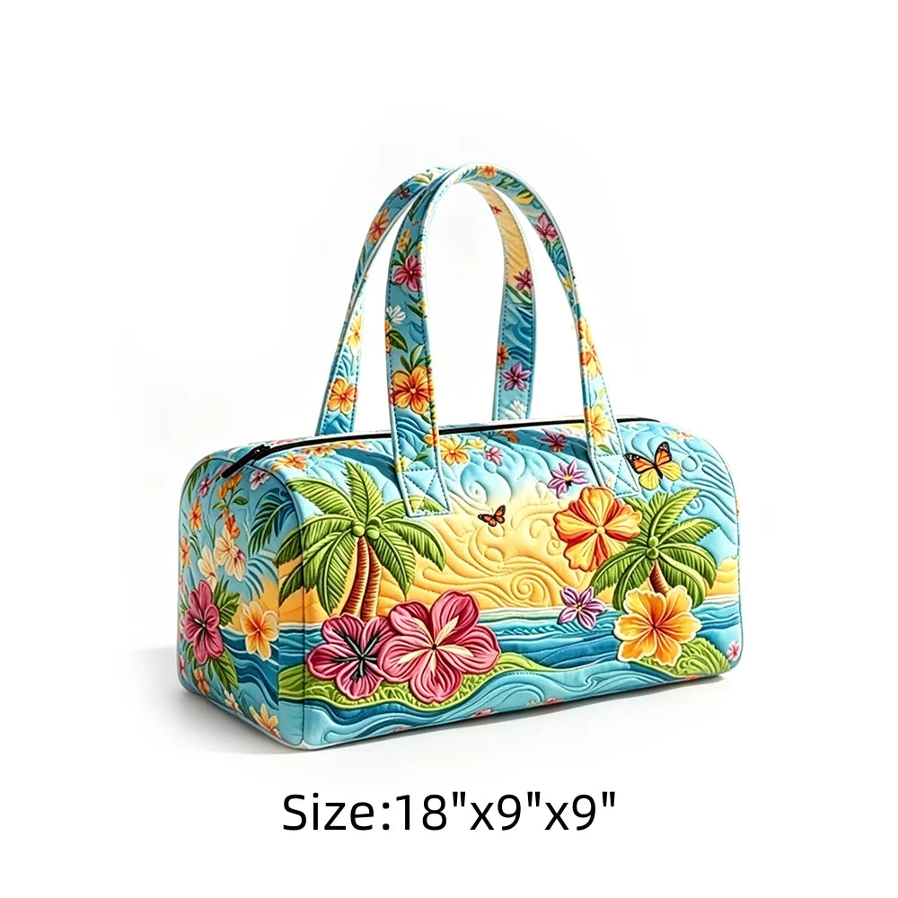Summer Quilted Duffel Bag Tropical Vacation Carry-on Luggage Beach Travel Tote with Zipper Coconut Tree Surfboard Print Handbag