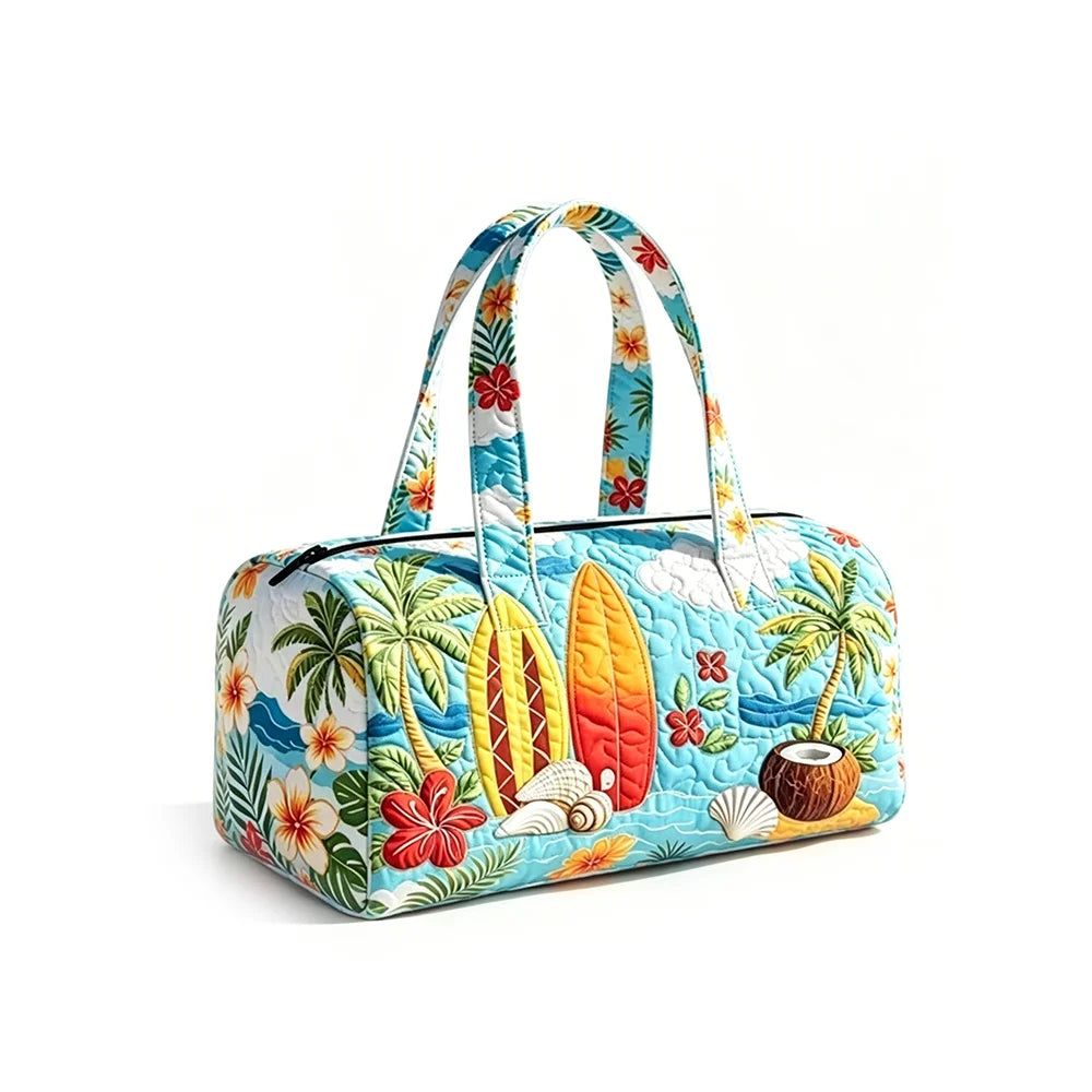 Summer Quilted Duffel Bag Tropical Vacation Carry-on Luggage Beach Travel Tote with Zipper Coconut Tree Surfboard Print Handbag