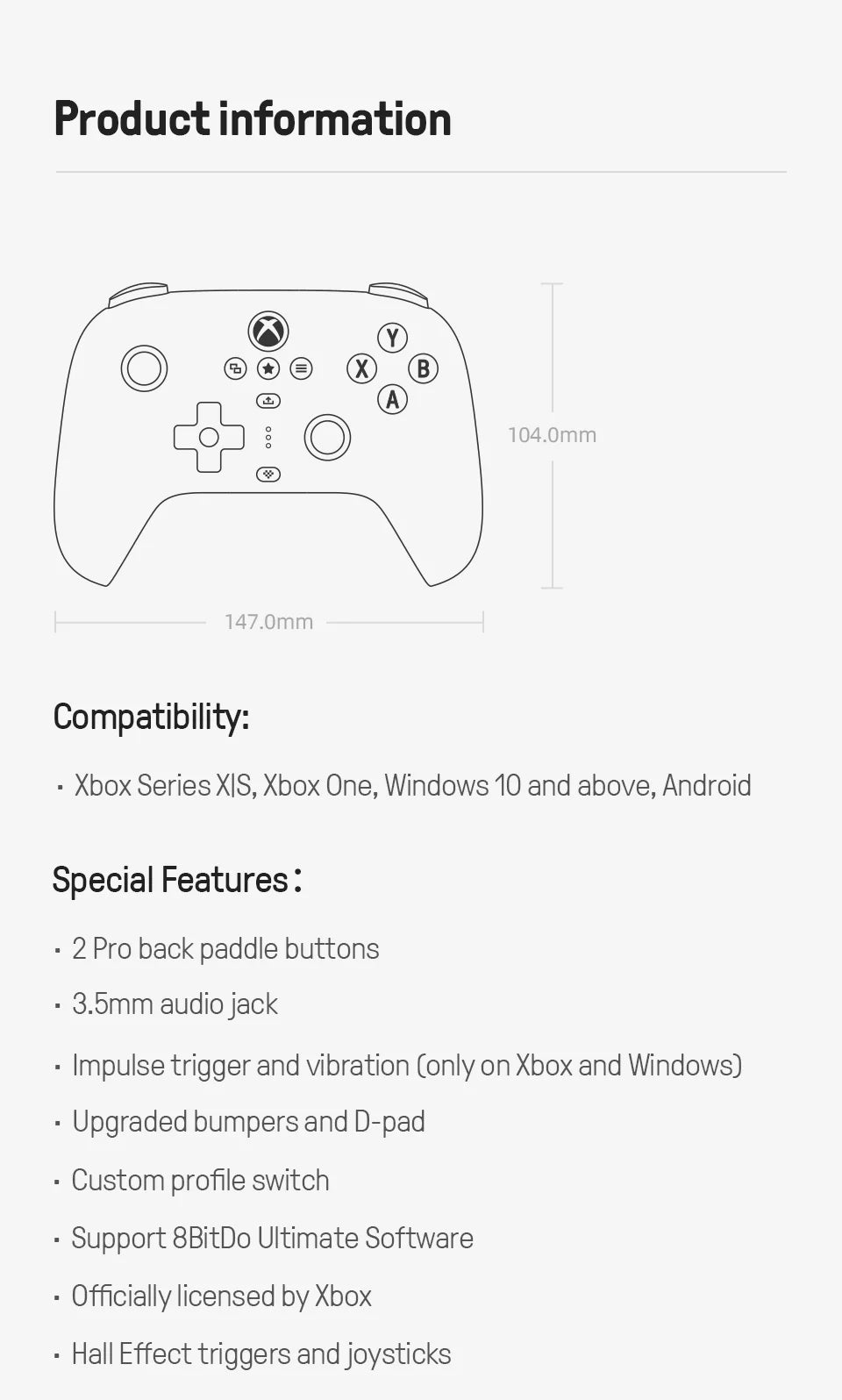 Wireless Gaming Controller with Hall Effect Joysticks for Xbox and PC