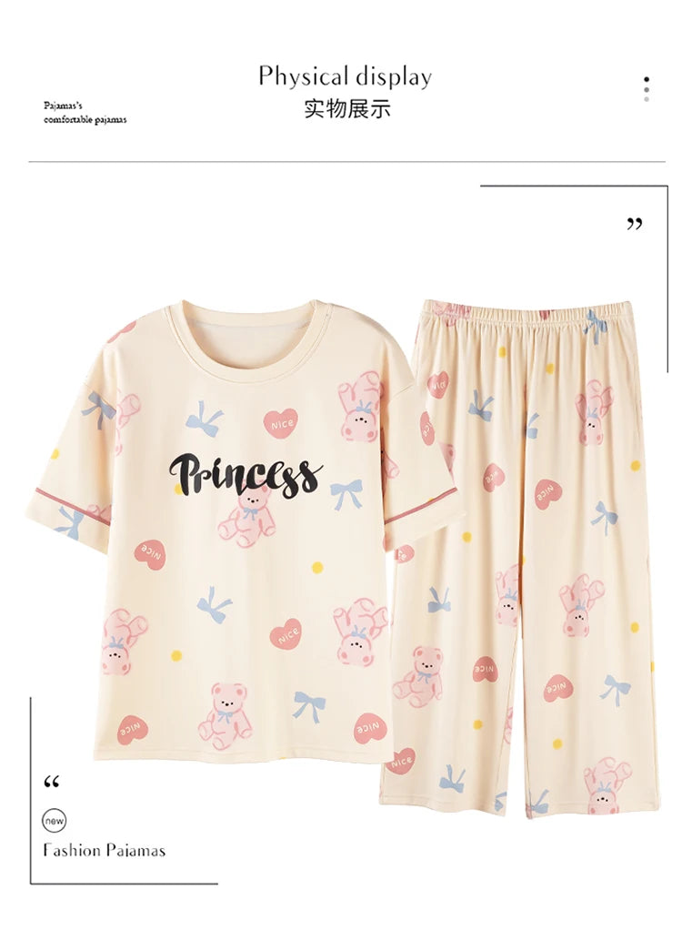 2-Pcs Women’s Summer Cotton Pajama Set – Short Sleeve Top & Calf-Length Pants with Cute Prints
