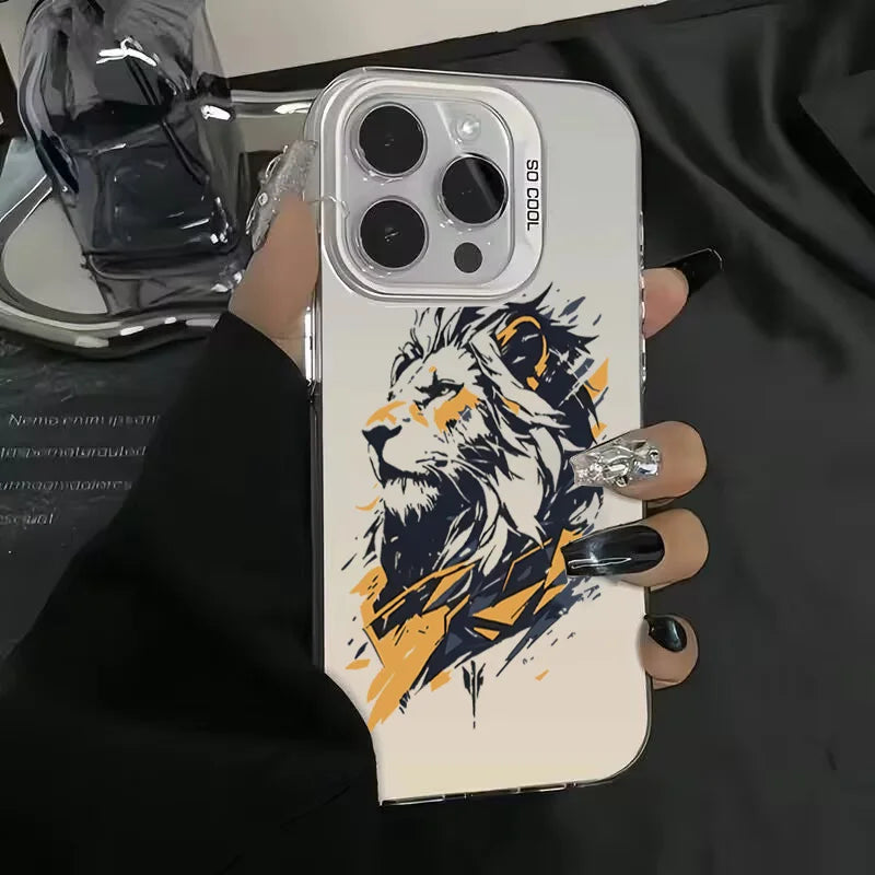 Cross Pattern Bicolor Lion Phone Case For iPhone 14 15 16 Pro Max Shockproof Anti Fall Back Cover