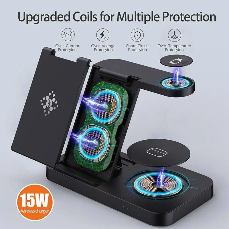 4 in 1 Foldable Wireless Charging Station For iPhone 16 15 14 13 12 Apple Watch 7/6 For Samsung Galaxy Watch Chargers 4/3