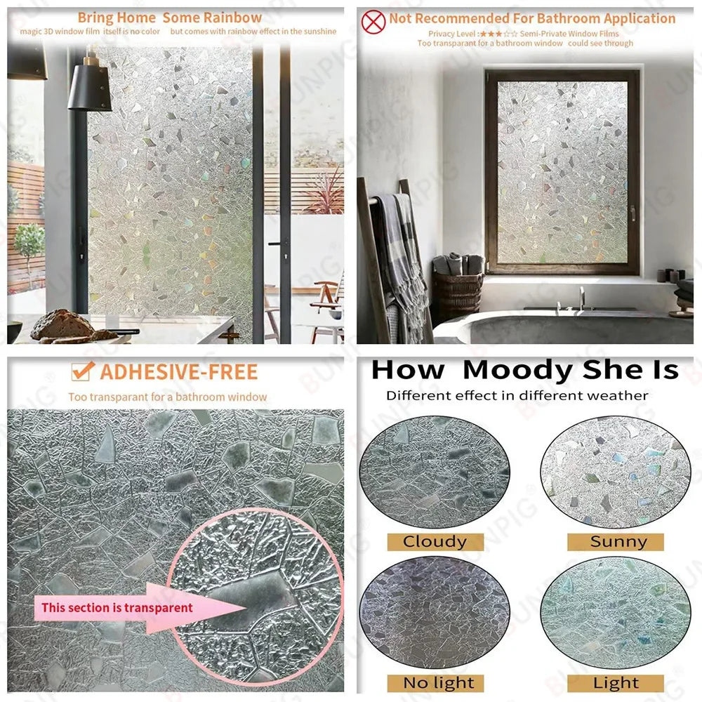 Wide 75/90 Cm Heat Control Rainbow Window Vinyl Security Window Tint Sun Protection Film Non Adhesive Stickers Stained Glass