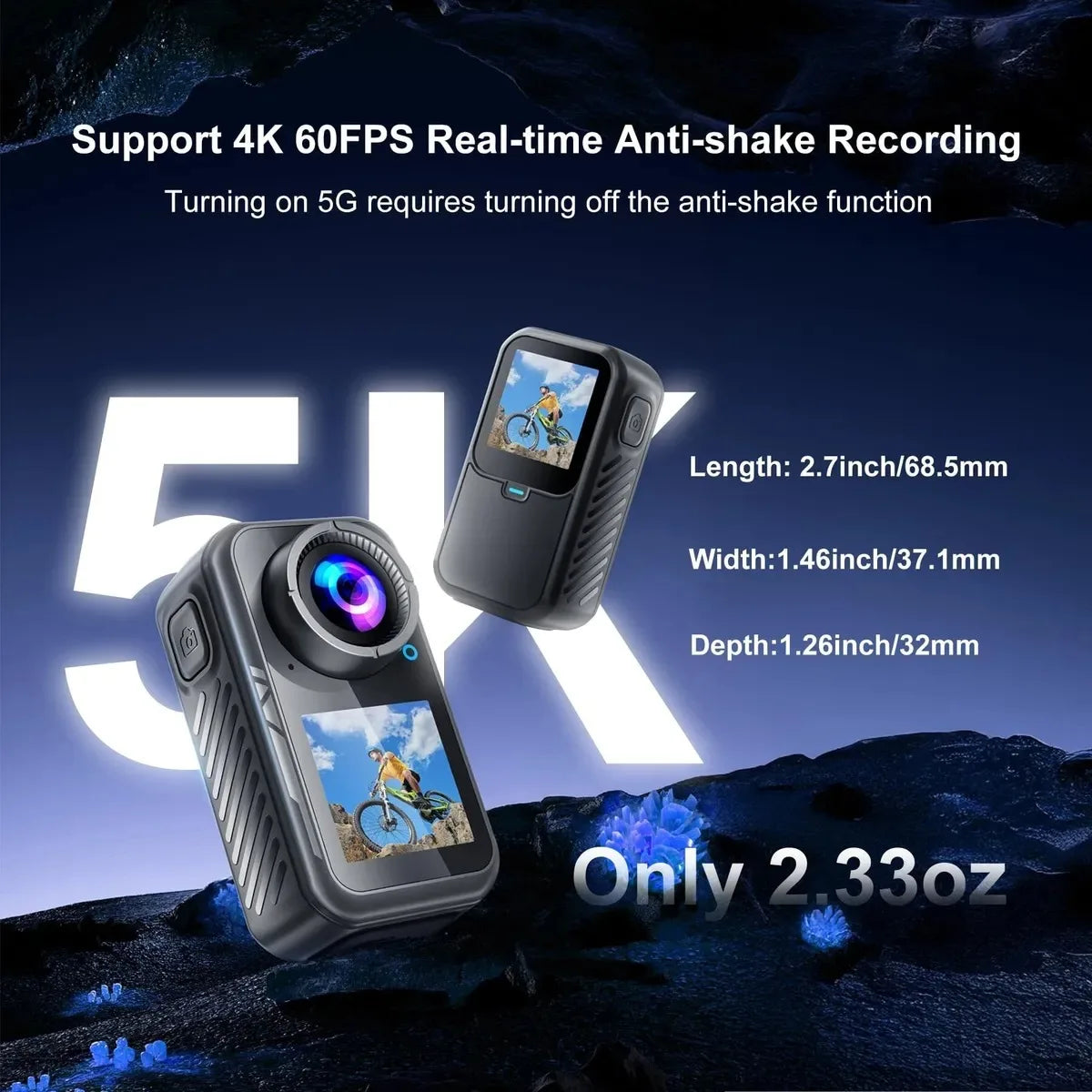 5K Thumb Action Camera 4K 60FPS Waterproof Magnetic Sports Body Cam with 6-Axis Stabilization WiFi Touch Screen