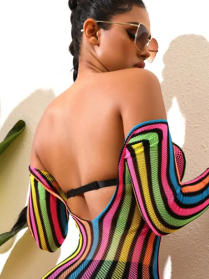 Fashion Dress Girl Bodycon Nylon Plus Size Rainbow Bodystocking Colorful Pattern Beach Wear Dress Underwear Dress