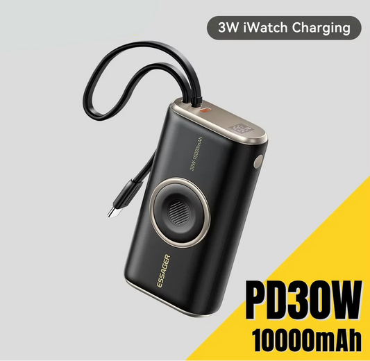10000mAh Power Bank 30W PD Fast Charging Wireless Magnetic Charger with Built-in Cable & Digital Display