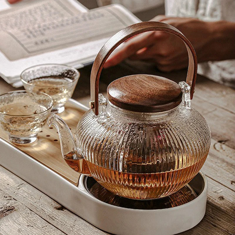 800ml Vertical Stripes Glass Teapot with Wooden Beam Handle and Tea Infuser