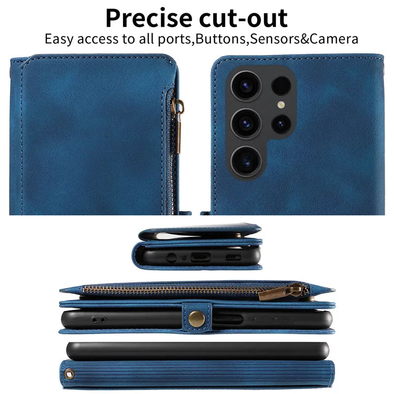Luxury Leather Flip Wallet Case with Lanyard for Samsung Galaxy S26 / S25 / S24 / S23 Ultra & Plus – Magnetic Full Coverage Phone Bag Cover