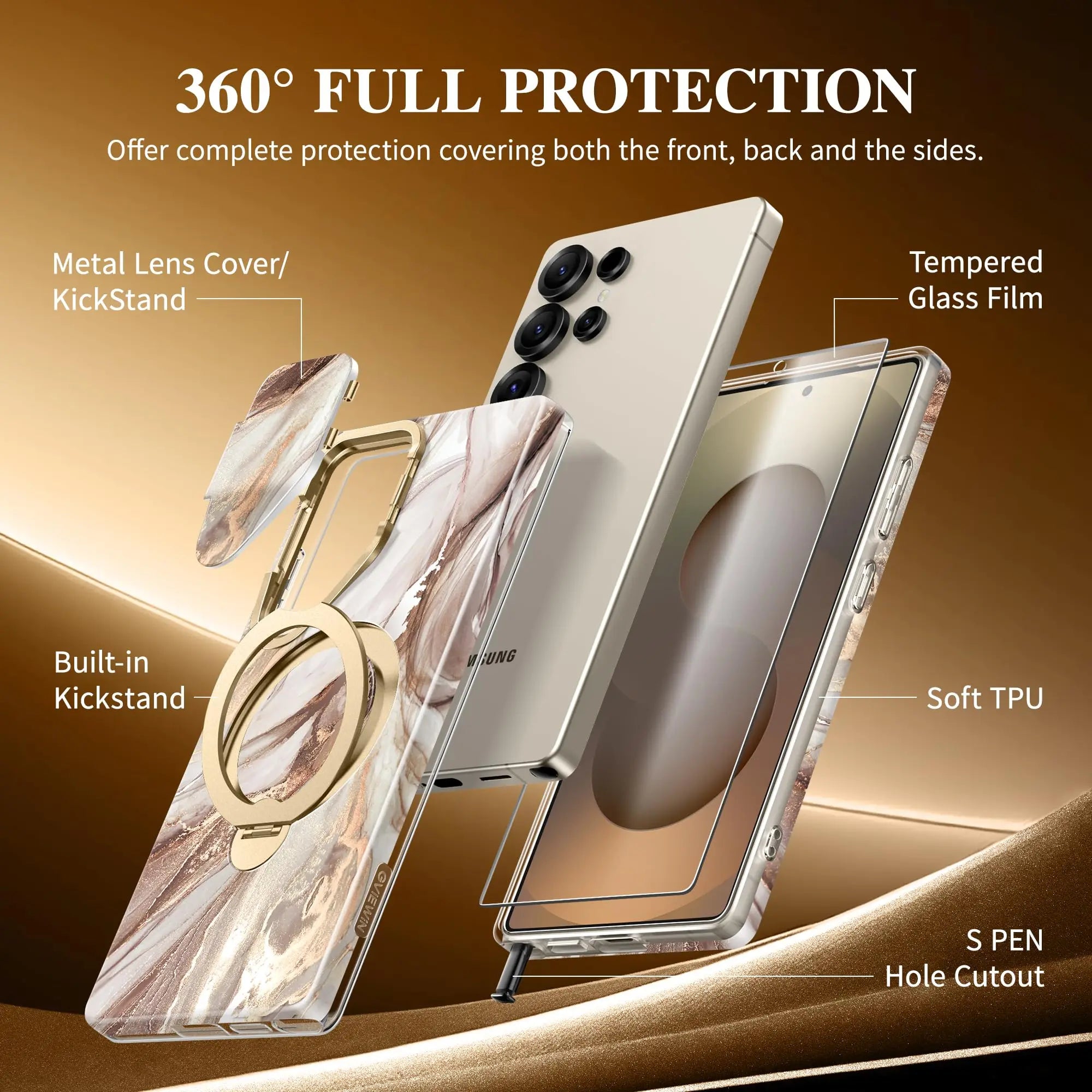 for Samsung Galaxy S25 Ultra with 360° Spin  Magsafe Stand Camera Cover Stand Drop Protection Marble Phone Cover