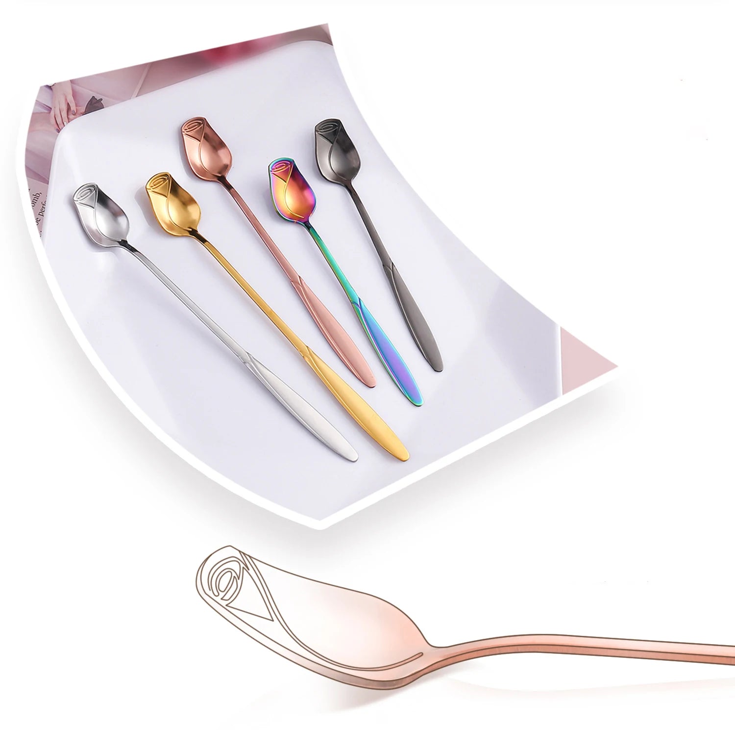 Long Handle Coffee Spoon Stainless Steel Rose Mixing Spoon Pretty Flower Teaspoons for Dessert Honey Salad Cake Tea Home Decor