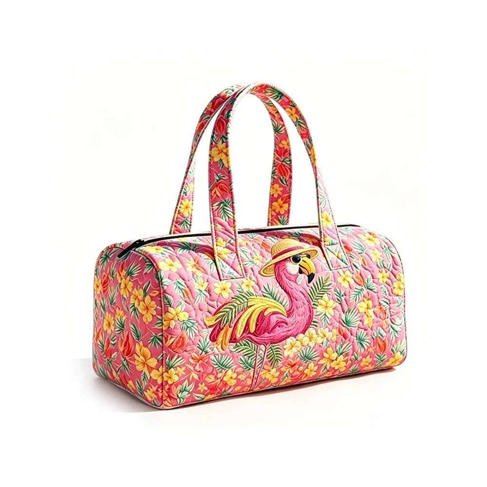 Tropical Starry Night Duffel Bag Flamingo Palm Tree Print Travel Navy Blue Quilted Overnight Bag for Women Summer Beach Vacation