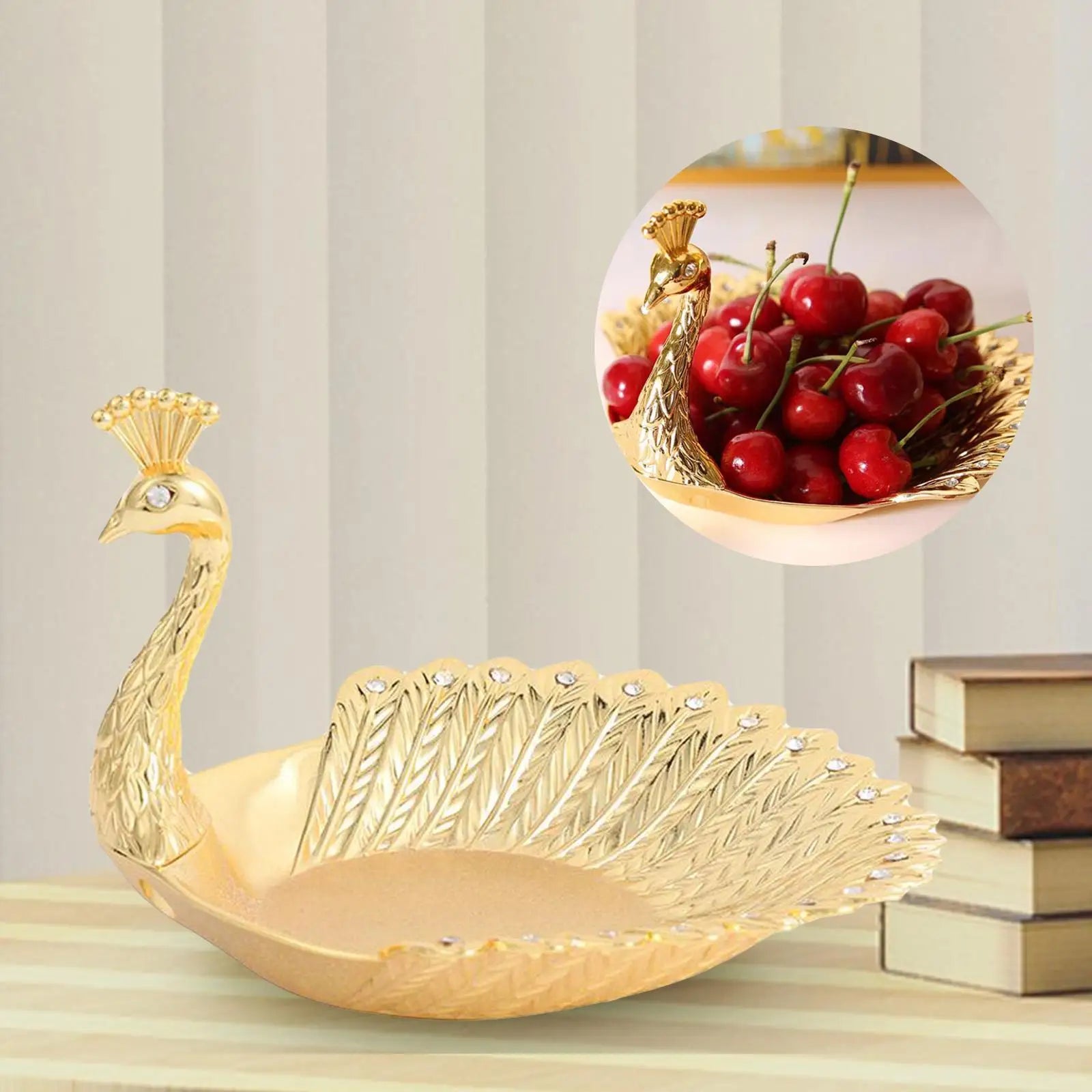 Pretty Gold Peacock Fruit Plate Luxury Zinc Alloy Tray Delicate Storage Plate for Candy Trinket Jewelry Snack Serving Home Decor