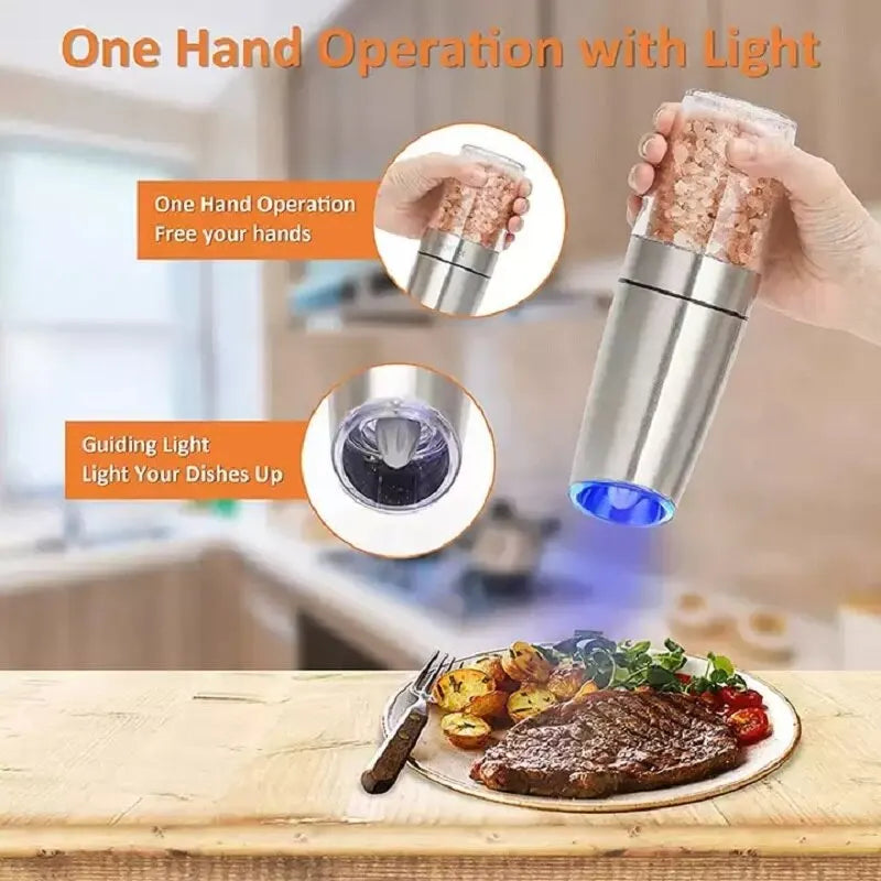 Electric Gravity Salt And Pepper Grinder Mill Set With Blue Light And Stand Spice Jar Spice Pepper Mills Grinder Kitchen