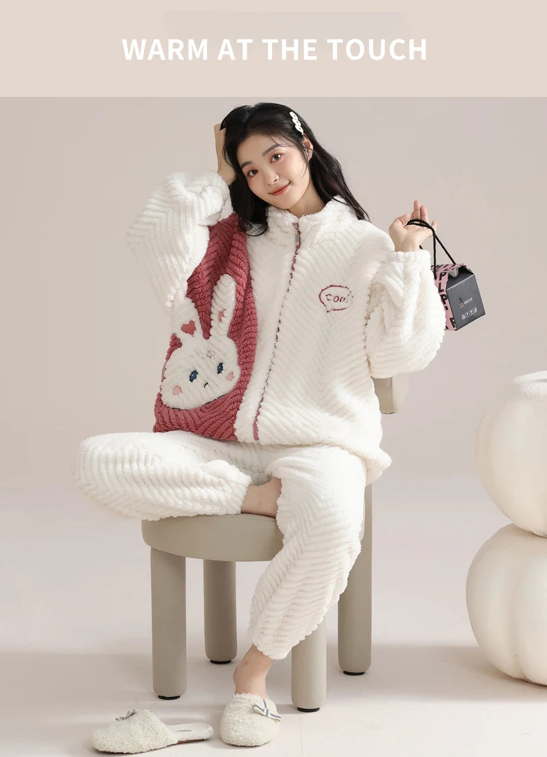 Women’s Christmas Fleece Pajama Set – Warm Flannel Zipper Sleepwear, Thick Coral Velvet