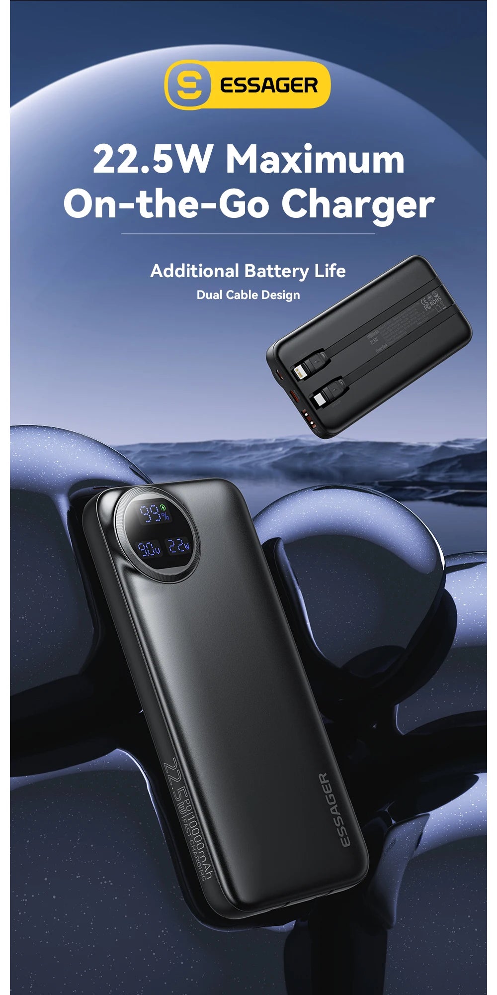 20000mAh Power Bank 22.5W Fast Charging with Built-in Cables Digital Display Portable Charger for 4 Devices