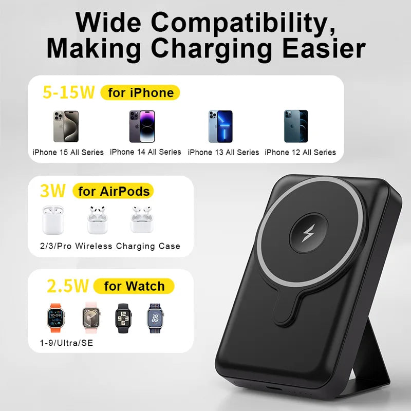 Magnetic Portable Charger 10000mAh Wireless Power Bank with 20W USB-C Fast Charging for iPhone 17 16 15 14 13 12promax Stand