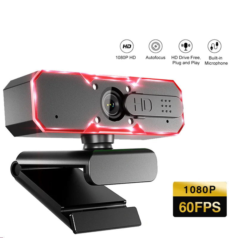 1080P Gaming Webcam 60FPS Autofocus Fill Light Camera Privacy Cover 7 Colors RGB Fill Light Stereo for Laptop Live Streaming