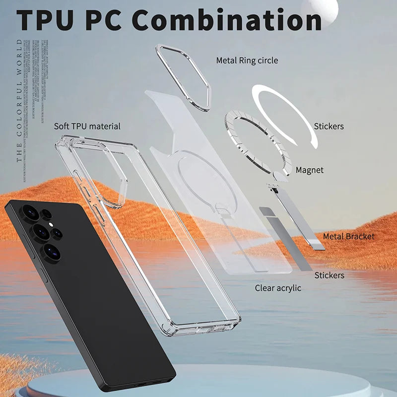 For Magsafe Metal Bracket Bumper Phone Case For Samsung S25 Ultra S23 S24 Ultra Plus FE Soft TPU Border Hard PC Back Cover